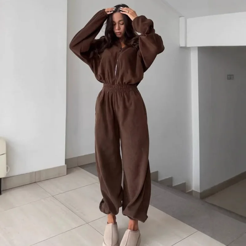 

Spring and Autumn Women's New Fashion Long Sleeve Jumpsuit Casual Half-Zip Elastic Waist Jumpsuit Set