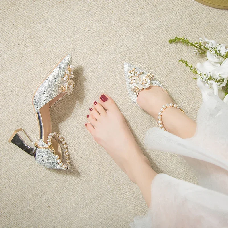 Spring New White Lace Beaded Tassel Stiletto Bridal Wedding Shoes Rhinestone Large Size Single Shoes Banquet Dress Women Sandals