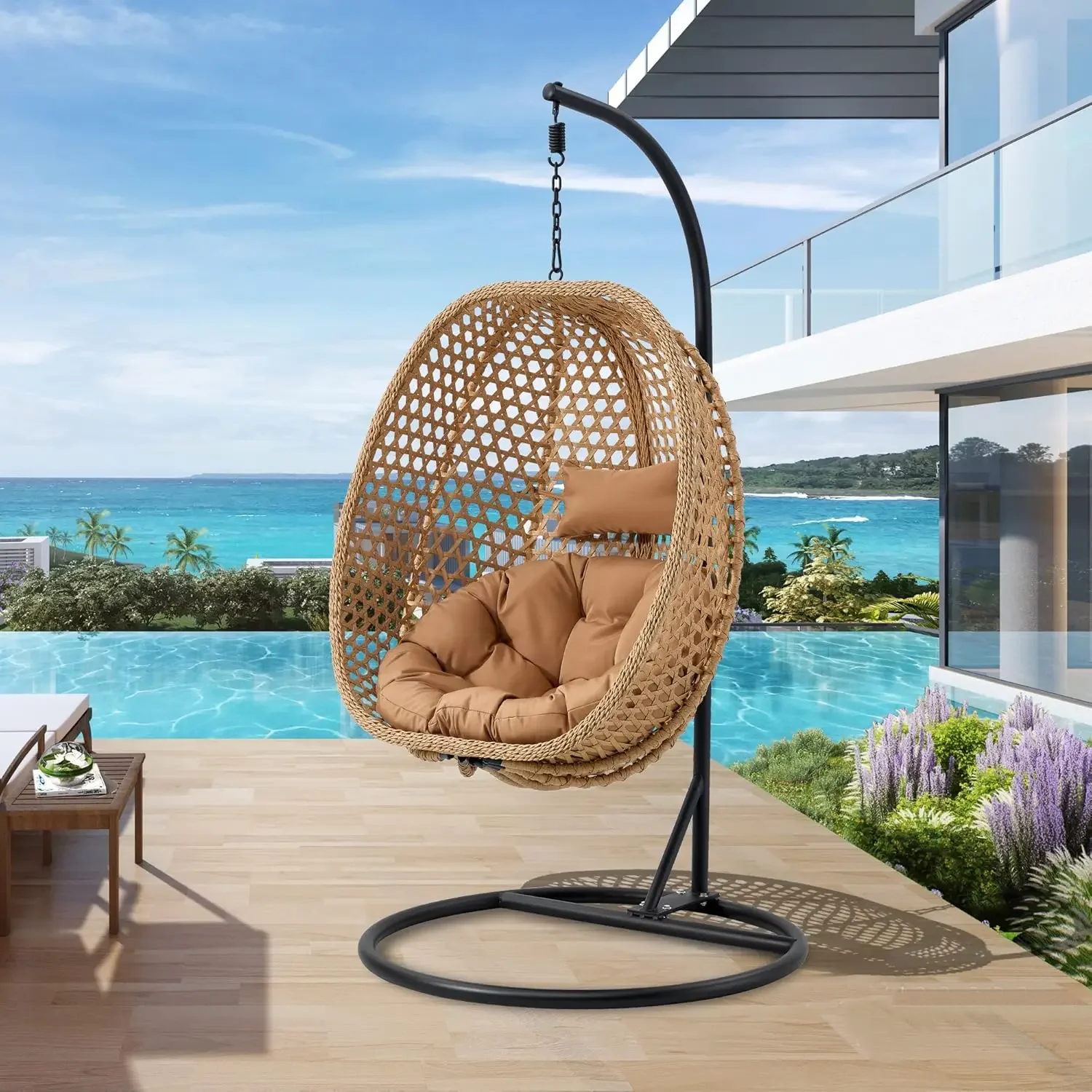 Hanging Chair with Stand - Egg Swing Chair, Outdoor and Indoor Hammock Basket Chair,Garden, Living Room Spaces (Light Brown)……