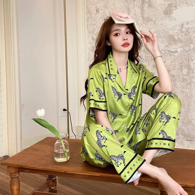 Ice Silk Pajamas, Women\'s Pajama Short Sleeved Long Pants, Thin Set, High-end Green Herringbone Pattern Zebra Casual Pyjama Stes