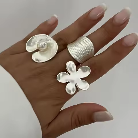 DIEZI Exaggerated Pearl Geometric Rings For Women Men Girls Gift Punk Fashion Flower Gold Silver Color Knuckle Joint Ring