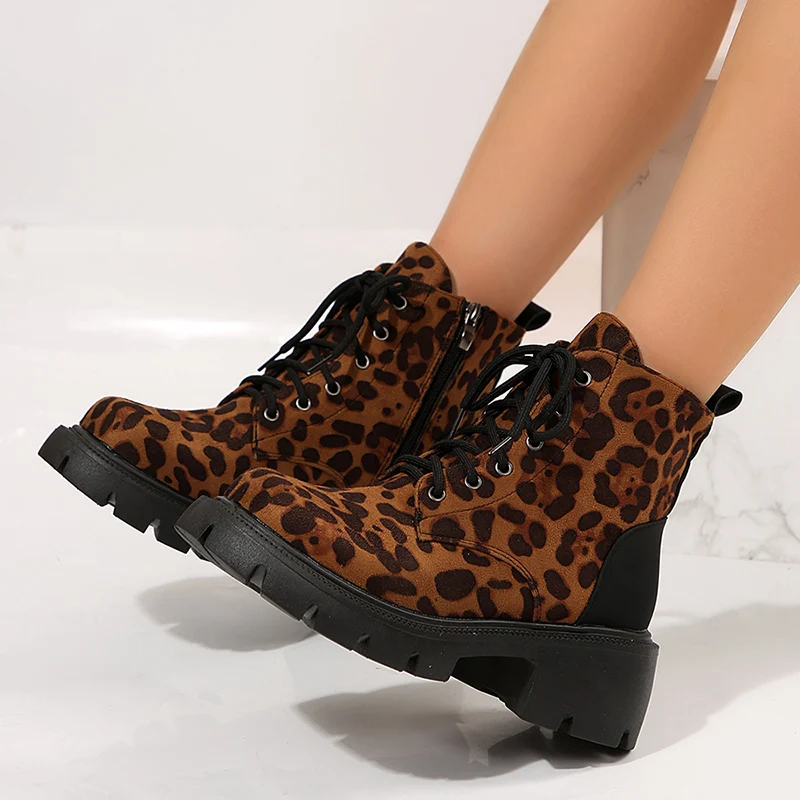 Mulheres botas de leopardo sapatos de plataforma chunky moda rendas até botas legal motocicleta zíper sapatos casuais ao ar livre sapato plus size 36-43