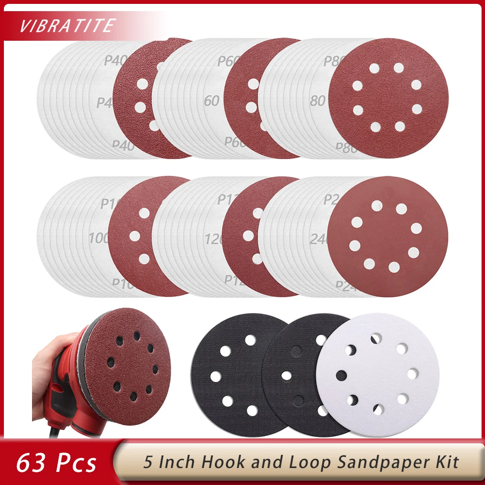 

5 Inch Sanding Disc Set 60 Pieces 8 Holes Hook and Loop Sandpaper and 3 Pieces 5 Inch Interface Buffer Pads Round Orbital Sandin