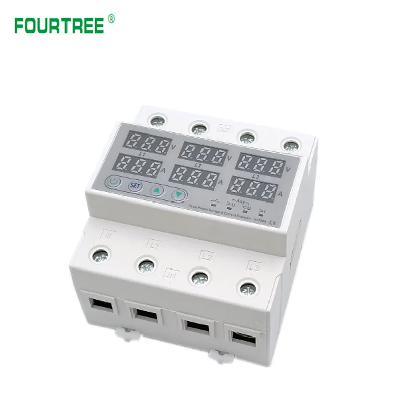 3 Phase 63A 100A Din Rail Voltmeter Ammeter Adjustable Over and Under Voltage Current Limit Protector Monitor Relays Protection