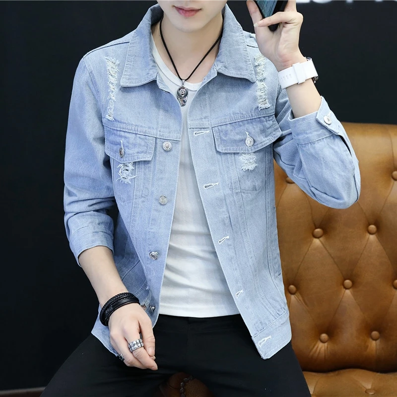 

Мужской джинсовый тюнер Slim Fit, весна-осень, модный дизайн слезы, повседневный молодежный тюнер, модный светлый цвет, крутой брендовый топ...