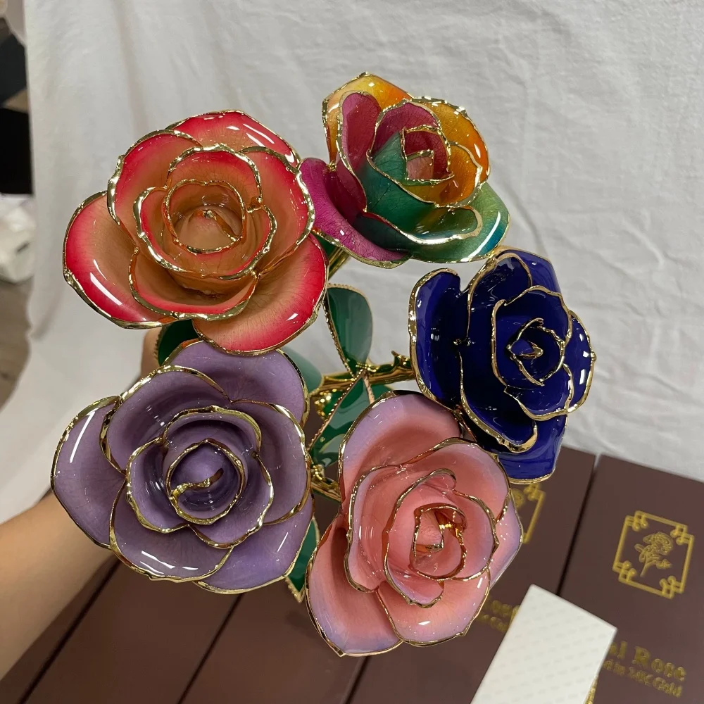

Ручная работа, 24-каратное золото, настоящая роза, красочная эмаль, вечный цветок на День святого Валентина, годовщину, свадьбы, подарок