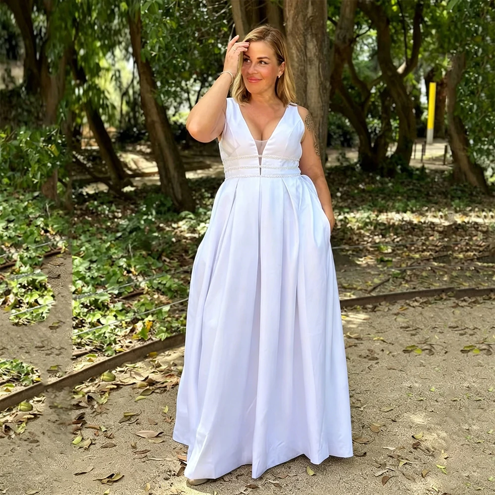 Simple Plus Size Satin Wedding Dresses For Bride V-neck A-line Bridal Gowns Sleeveless Beading Lace Up Brides dress Customized