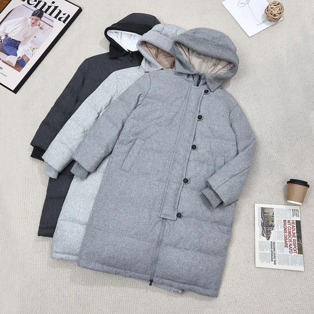 Women's Hooded Wool Down Coat Winter Warm ZipperLoose Straight Knee-Length Down Outerwear