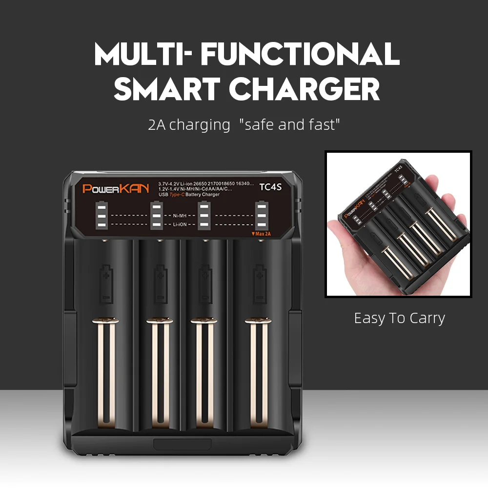 Powerkan TC4S 4-gniazdowa ładowarka 10400 14500 18650 21700 26700 Szybkie ładowanie Akumulatory Ni-MH i litowo-jonowe typu C