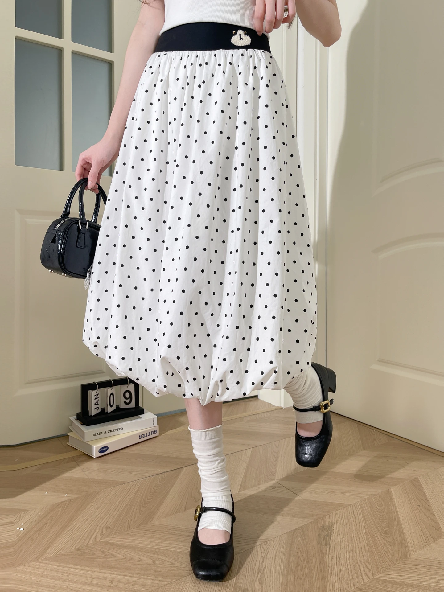 High Waist Polka Dot Embroidered Flower Bud Skirt Women's Cotton Gored A-Line  Skirt Spring Summer Autumn Sweet Style