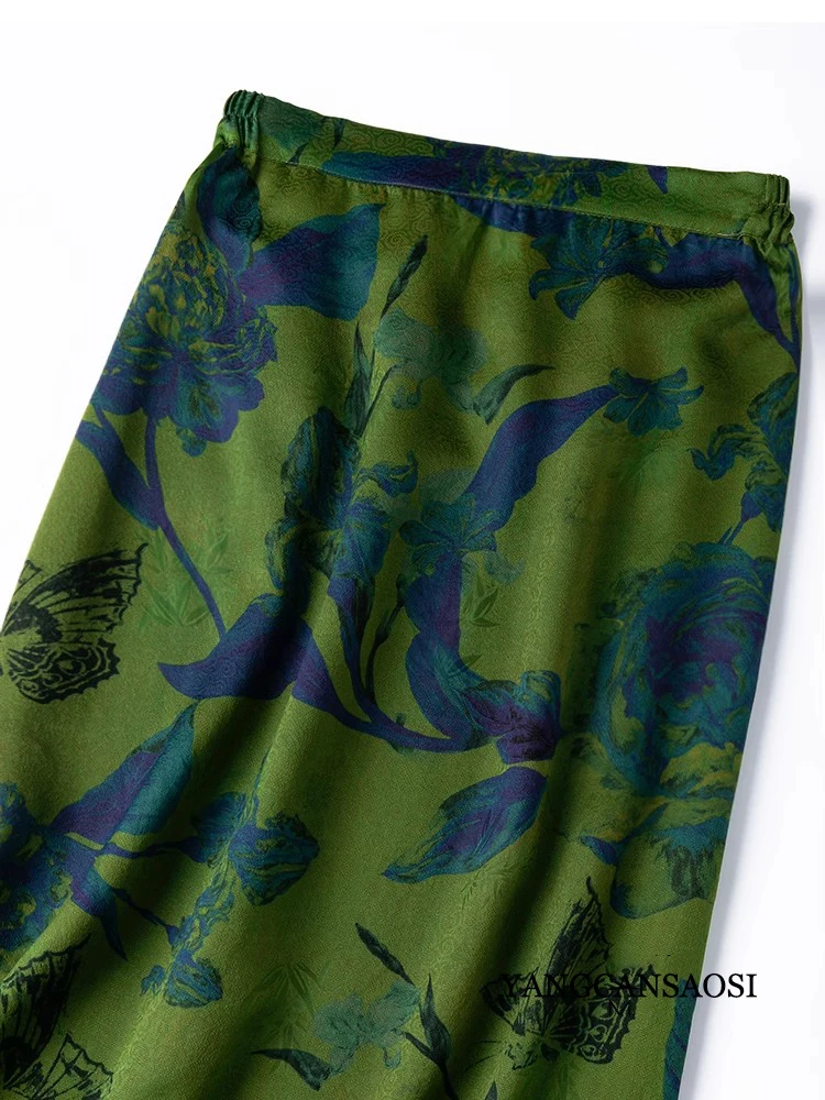 2025 Women's Fashion Spring New Emerald Green 100% Natural Mulberry Silk Fragrant Cloud Yarn Elastic Waist Straight Tube Skirt