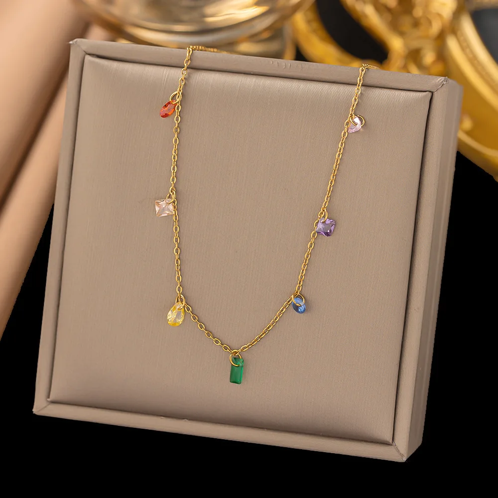 

Yupsk Colorful Zircon Stone Pendant Necklace Stainless Steel Chain Rainbow CZ Summer Fashion Choker Neck Jewelry
