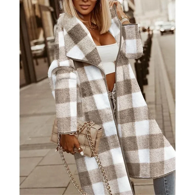 

Plaid Pattern Fuzzy Longline Coat Autumn Winter Women Elegant Long Sleeve Lapel Trench Long Jacket Outwear Y2K Chic Clothes