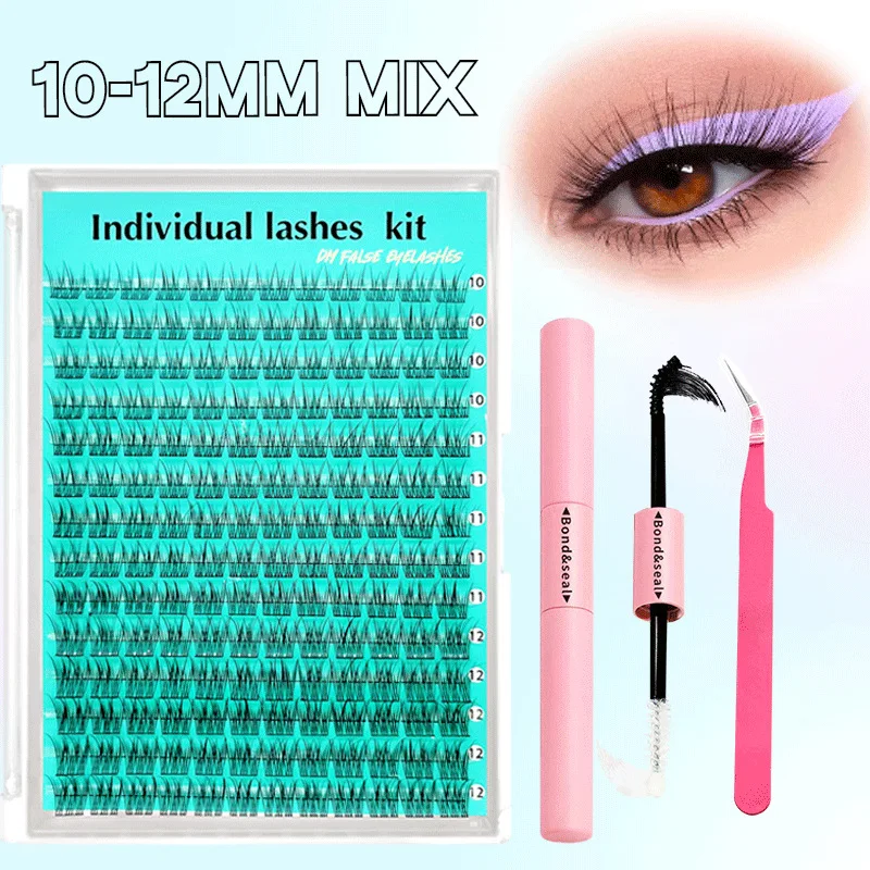 Zestaw 10-12 mm Mix Lash Clusters z wodoodpornym, mocnym uchwytem Zestaw do przedłużania rzęs DIY Lash Bond i pęseta do makijażu rzęs