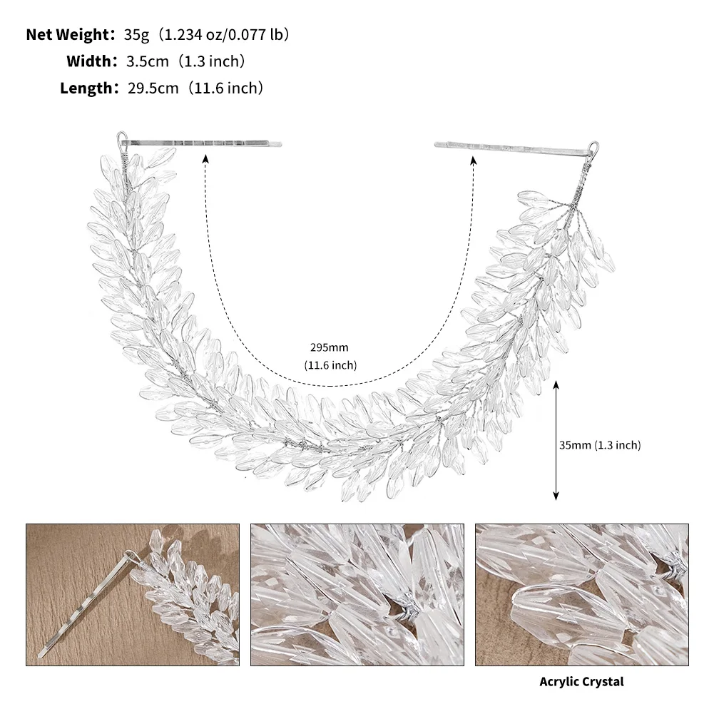 Handmade Silver Crystal Hair Vine for Wedding Bridal Headband Wheat Leaf Hair Accessories for Women Prom Party Tiara Jewelry image 6