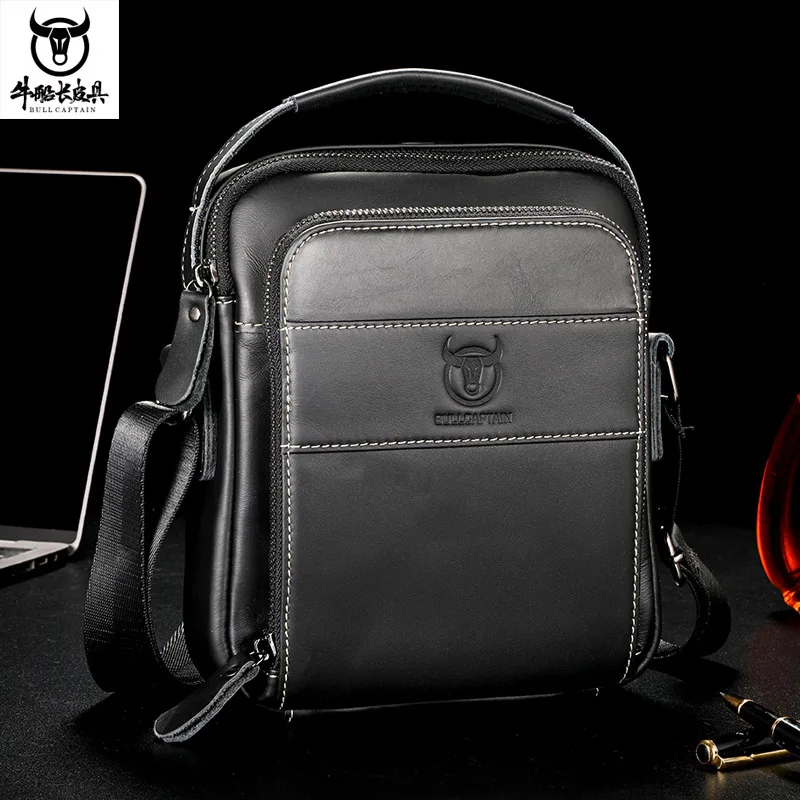 Head layer leather men's leather square crossbody handbag multi-pocket travel soft leather shoulder bag