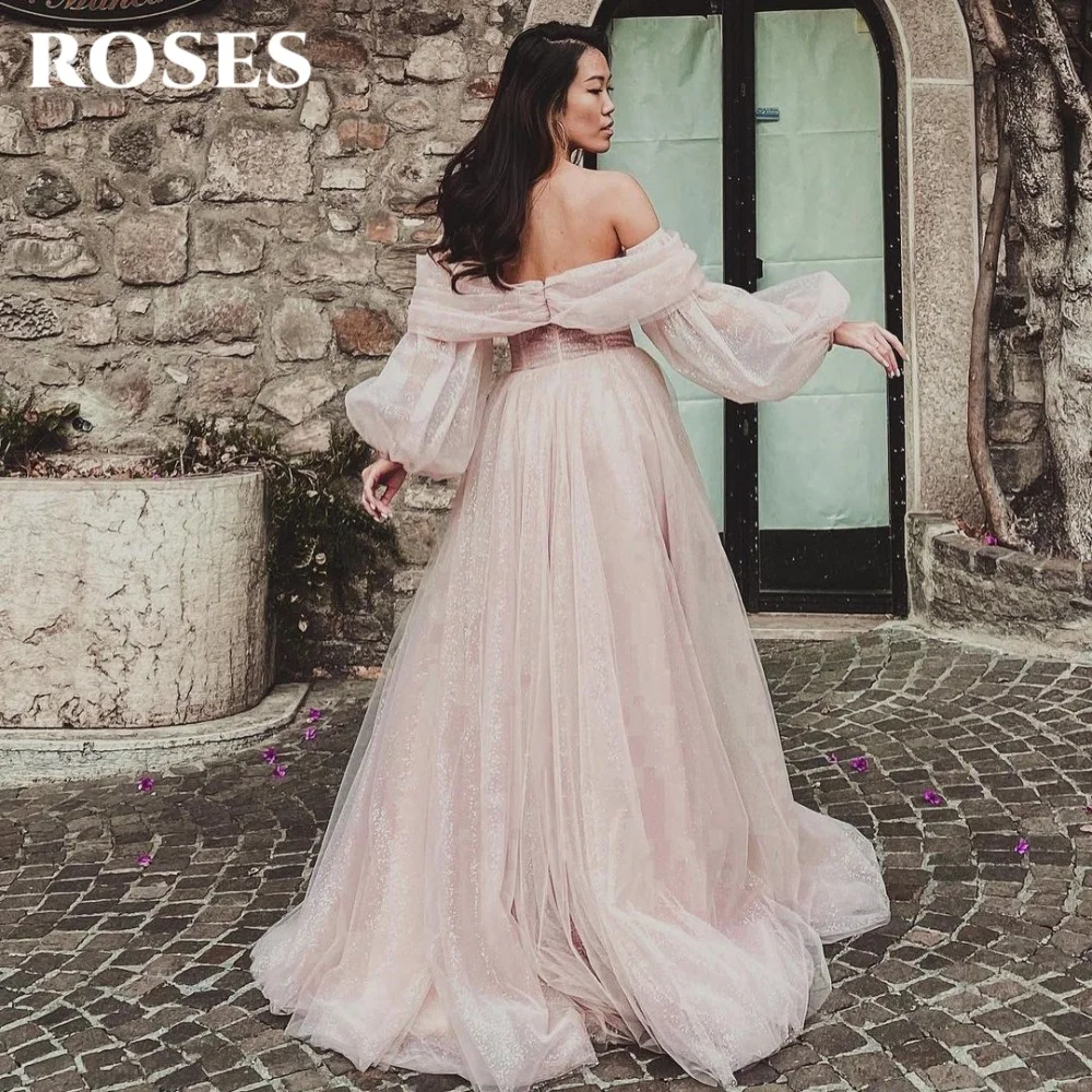 

ROSES Pink Elegant Prom Dress Sweetheart Off the Shoulder Prom Gown for Woman Shiny Sequins Side Split Formal Gown Customized