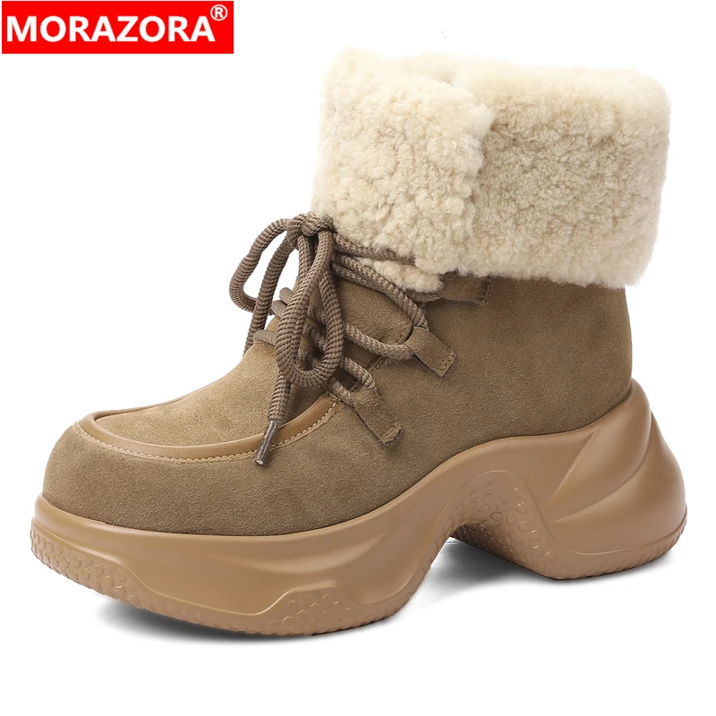 

MORAZORA 2026 New Cow Suede Leather Snow Boots Women Lace Up Platform Wool Thick Fur Winter Boots Warm Ankle Boots Lady Shoes