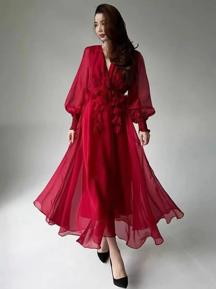 

Long Women's Dress Elegant Vintage Lantern Sleeve V Neck Ruffled 3D Floral Lace Up Dresses Female Summer Party Dress