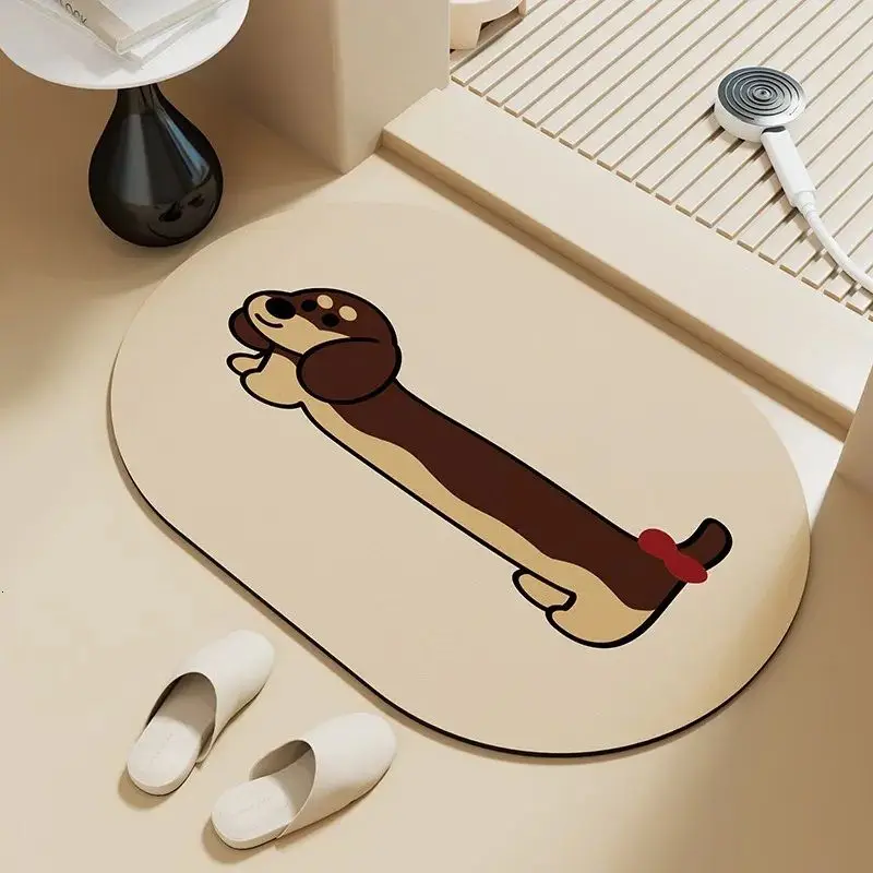 VIKAMA Minimalist Beige Background Wiener Dog Oval Doormat Cartoon Dachshund Non Slip Household Bathroom Entry Decor Mat