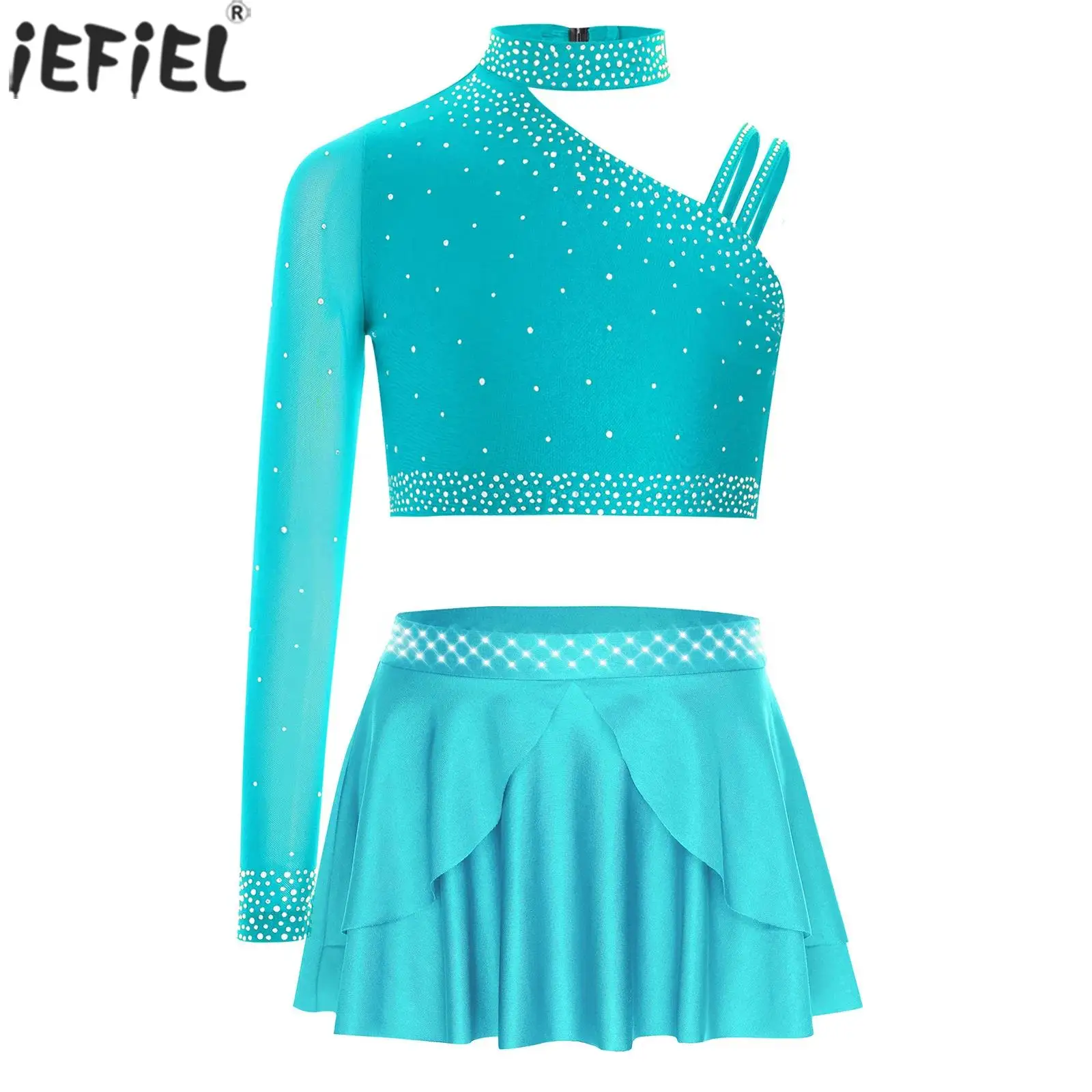 

Kids Girls Lyrical Dance Costume Ballet Figure Skating Gymnastics Performance Dancewear Glittery Rhinestones Crop Top with Skirt