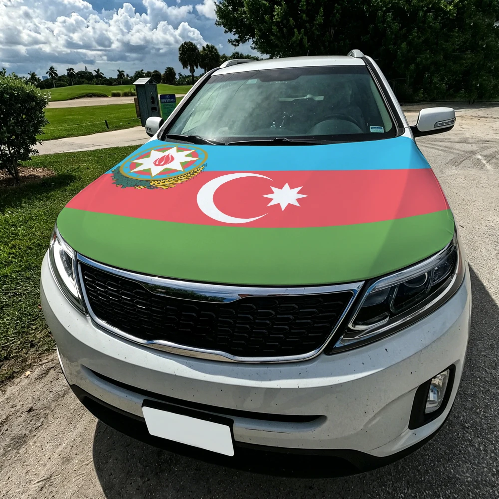 3.8x5.3ft Azerbaijan Car Hood Cover Flag RSA Car Bonnet Banner Elastic Fabrics Windproof Patriotic Automotive Hood Covers