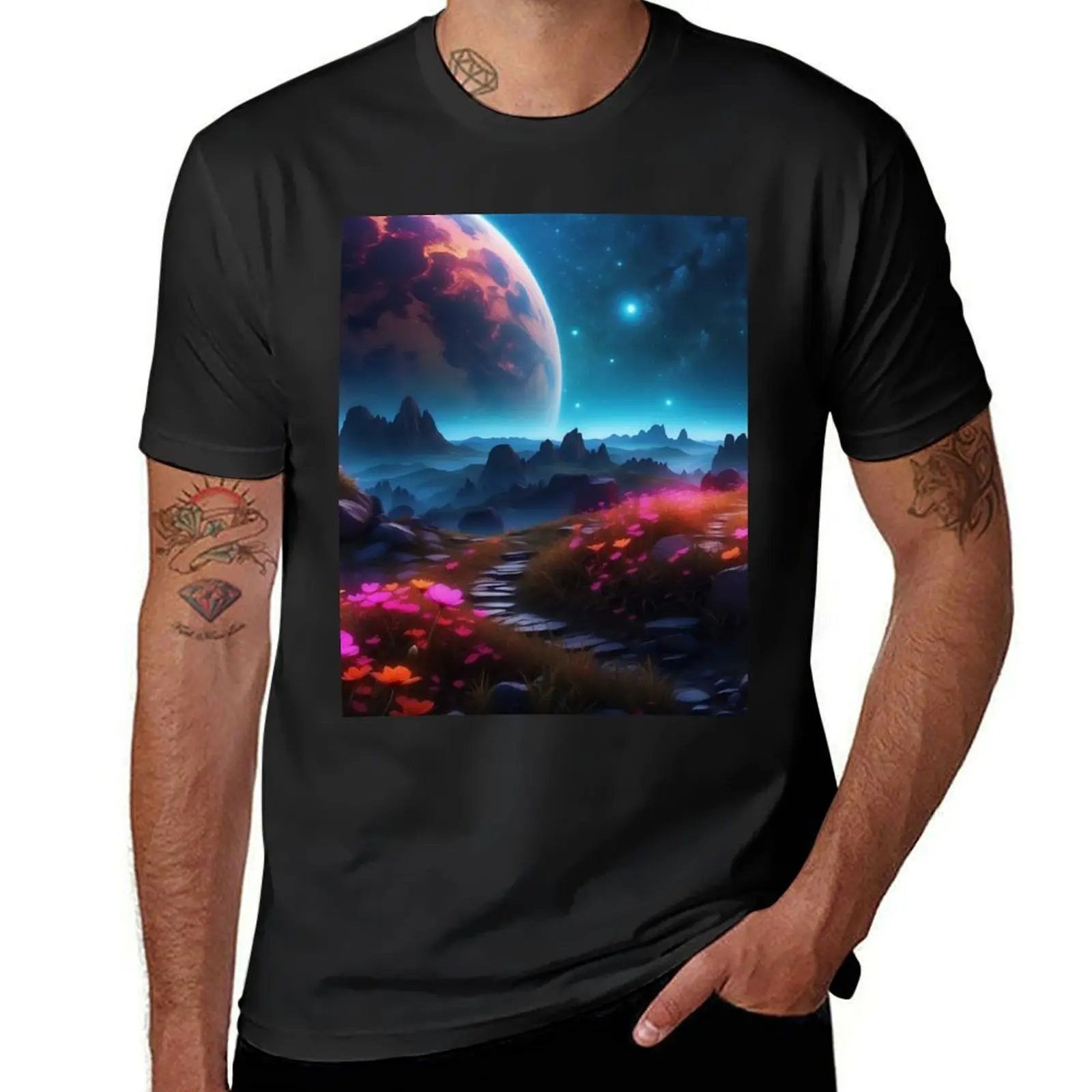 Fluorescent Pathway Under Cosmic Skies on Distant World T-Shirt customs design your own anime clothes mens plain t shirts