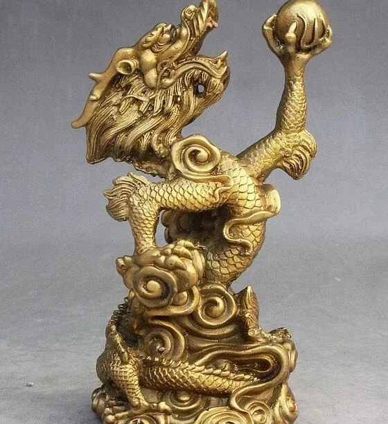 Folk Fengshui China Chinese Brass Fly Dragon Dragons Play Ball Exorcise Statue