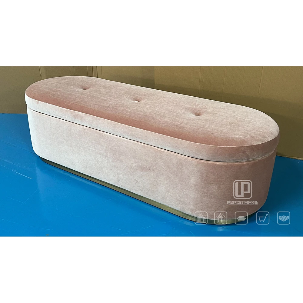 Modern Pink Linen Storage Bench With Rounded Edges Polished Gold Base Soft Padded Design For Bedroom School Hotel Room Decor