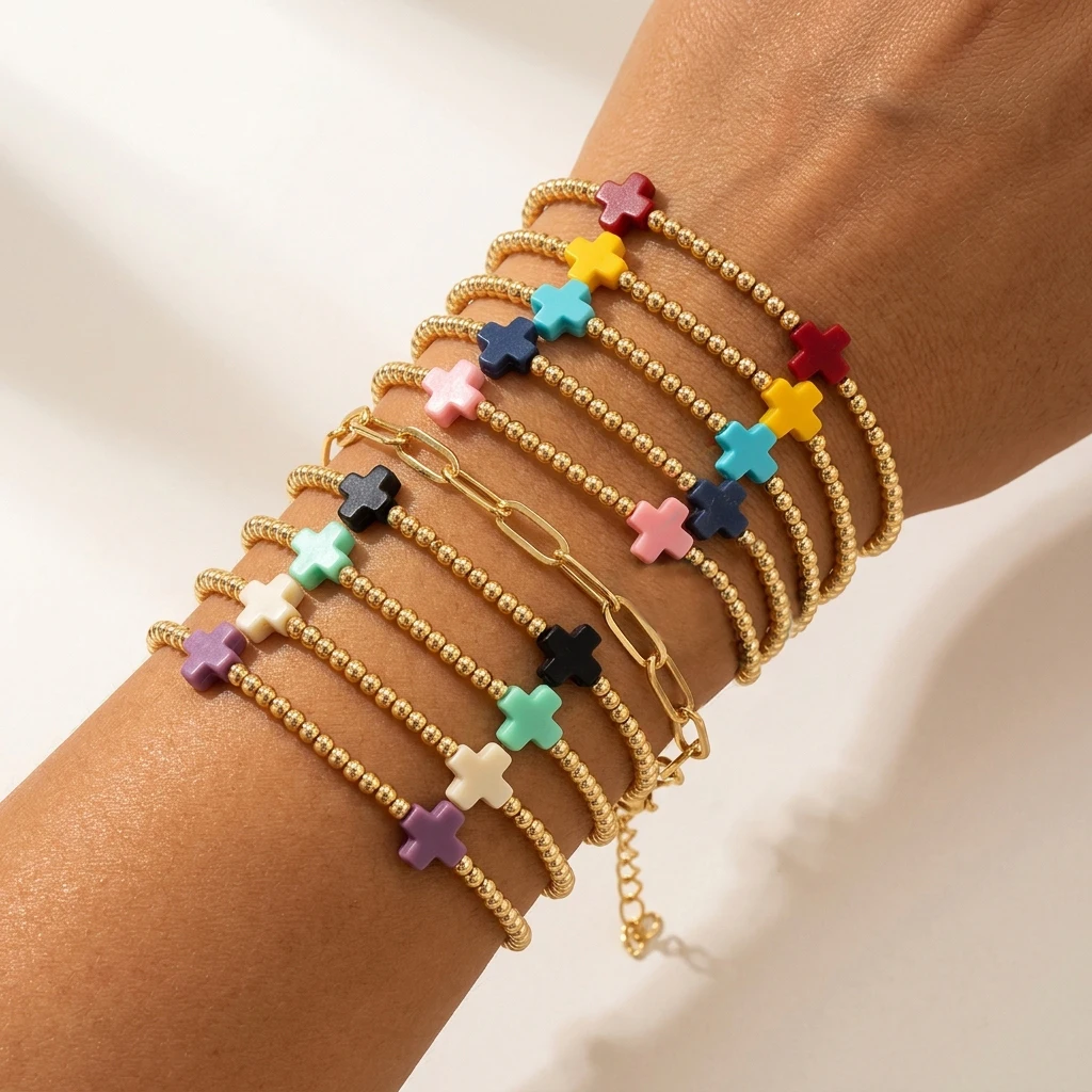 

11PCS Bohemian Style Handmade Copper Bead Multi-Color Four-Leaf Clover Elastic Rope Bracelets Unisex Stackable Jewelry