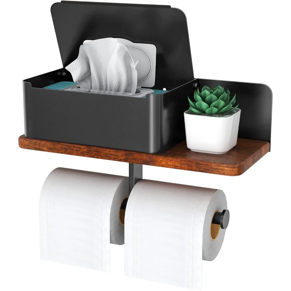 

Double Roll Toilet Paper Holder with Shelf and Wipes Dispenser, Metal and Solid Wood Bathroom Accessory