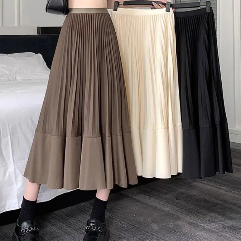 Spring Autumn Fashion High Waist Pleated Spliced Skirts A-Line Elastic Women's Clothing Casual Solid Color All-match Midi Skirts