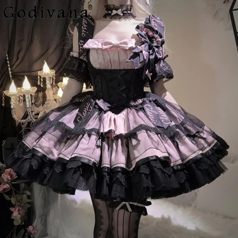 

Ballet Lolita Black Pink JSK Dress Women's Sleeveless Japanese Style Lolita Original Dress Female Birthday Party Short Dress