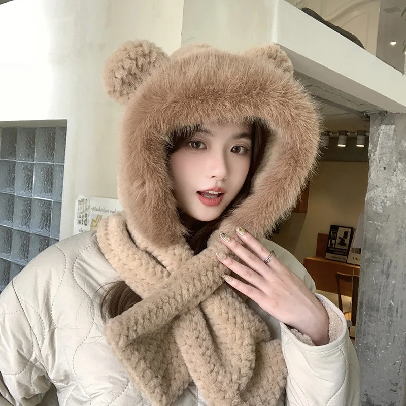 Sciarpa invernale calda da donna Cappello di protezione per le orecchie in peluche di pelliccia carina Sciarpe con cappuccio per berretto da sci all'aperto a prova di freddo femminile