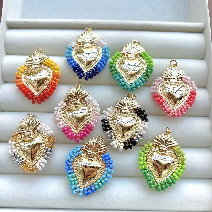 

10Pcs Beautiful Miyuki charms for necklaces making sacred heart pendant diy accessories gold heart pendants