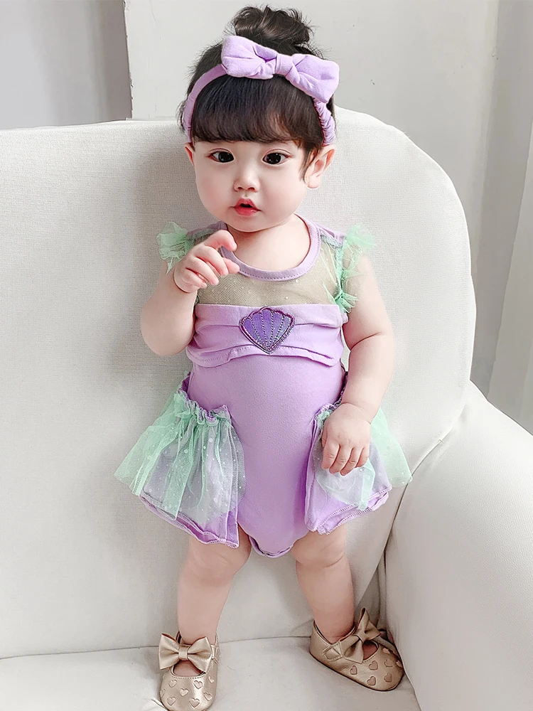 Infant Girl Romper Dress With Headband Elsa Belle Mermaid Snowwhite Fairy Tris Baby Girl Clothes Size 3-18M Baby Quality Dress