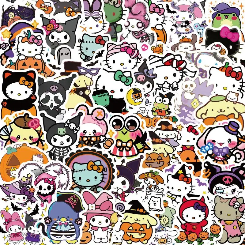 52Pcs Kawaii Sanrio Hello Kitty Stickers Cartoon Kuromi Melody Cinnamoroll Halloween Water Cup DIY Decorate Waterproof Stickers