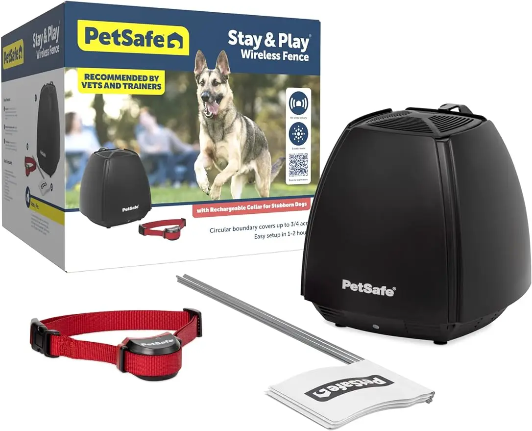 

PetSafe Stay & Play Wireless Pet Fence for Stubborn Dogs - No Wire Circular Boundary, Secure 3/4-Acre Yard, For Dogs 5lbs+,