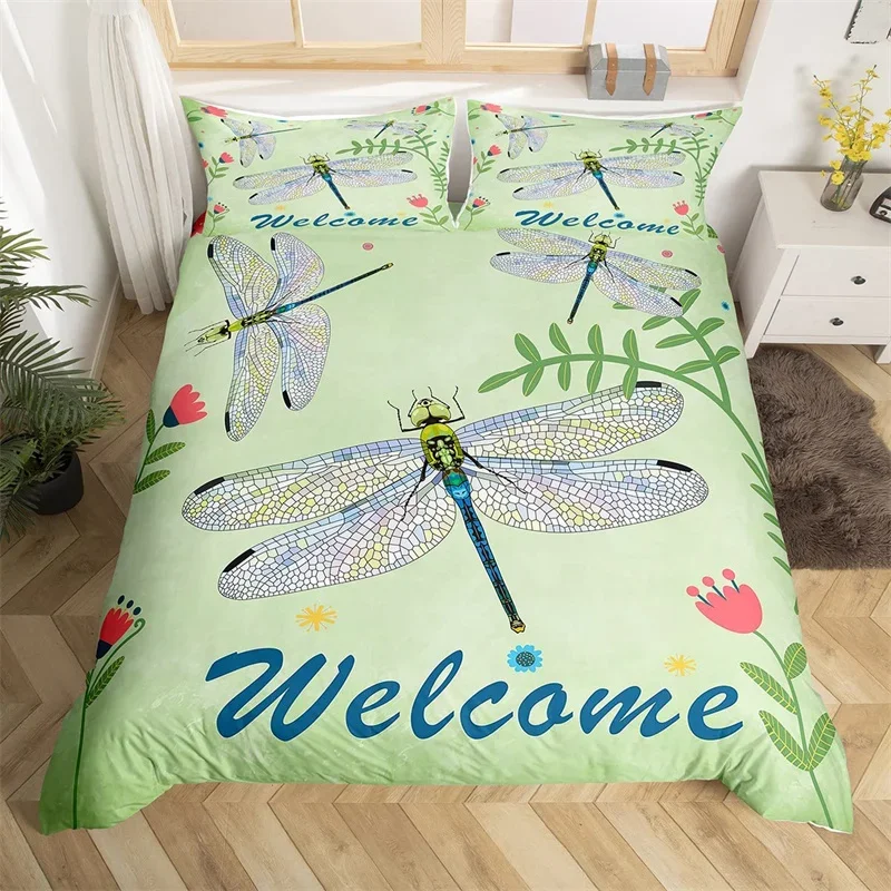 Dragonfly Duvet Cover King Butterfly Flower Leaves Bedding Set Microfiber Nature Animals Plants Quilt Cover For Teens Girls Room