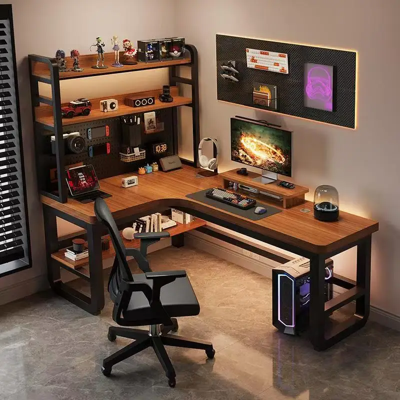 Massivholz-Eck-Computertisch mit Integriertem Bücherregal für Schlafzimmer und Büro, Dual-Player-Gaming-Design