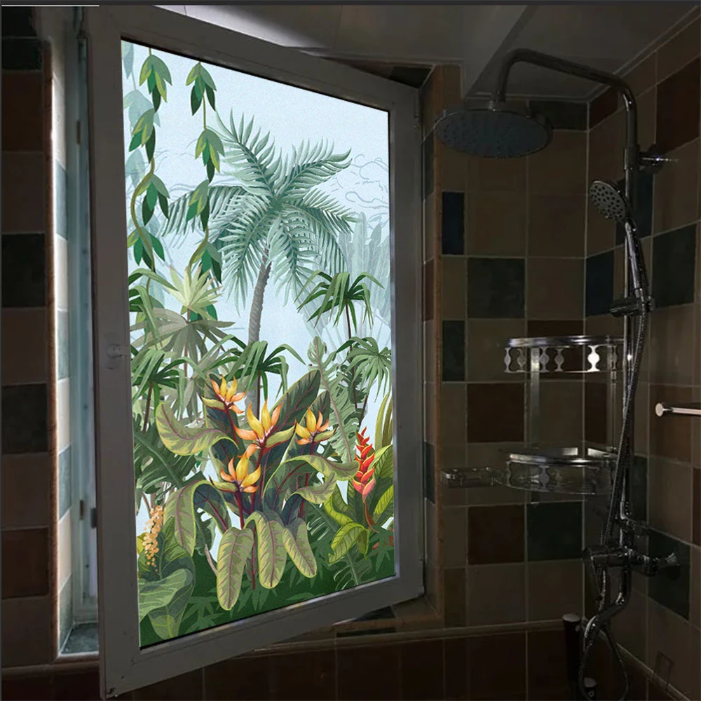 Privacy Glass Window Film Artistic Green Plant Pattern Frosted Glass Door Film PVC Anti-UV Non-Glue Static Clings Glass Sticker