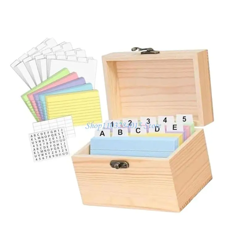 R6FF Premium Wooden Card Storage Box 150 Color Coded Index Cards Built In Writing Guides For Efficient Document Management
