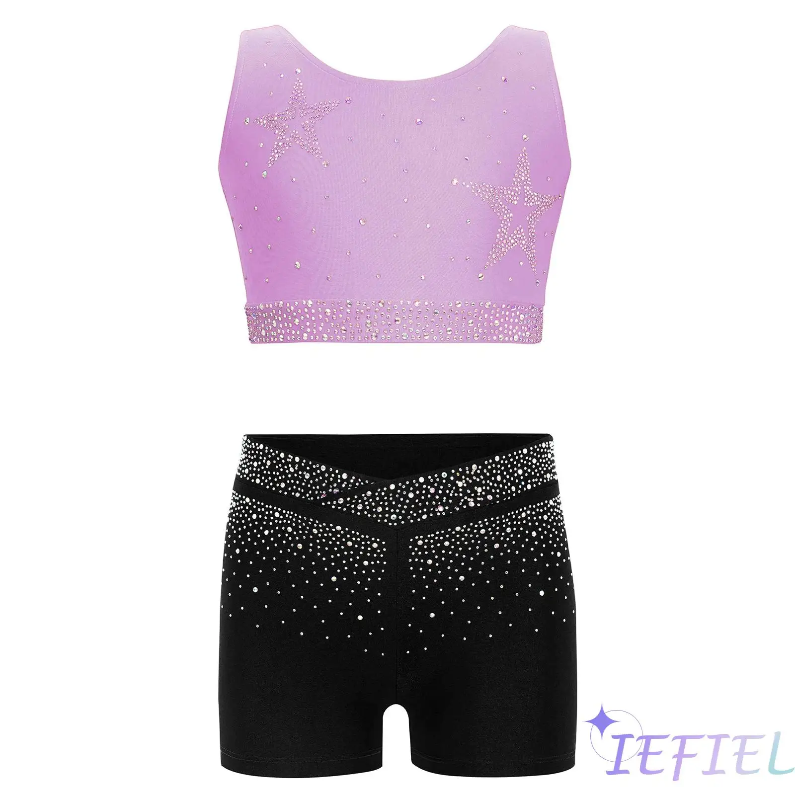 

Kids Girls Shiny Rhinestones Ballet Gymnastics Dance Costume U Neck Crisscross Back Cropped Vest with Elastic Waistband Shorts