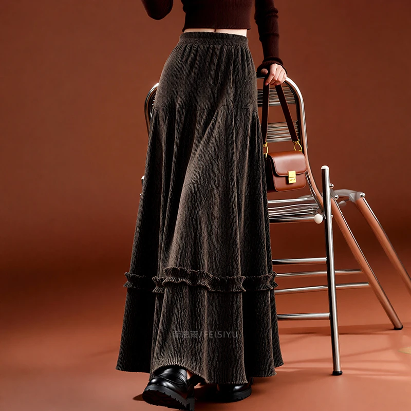 2026 New Arrival Autumn/winter Women Loose Casual High Waist A-line Skirt Pleated Patchwork Design Ankle-length Skirts T156