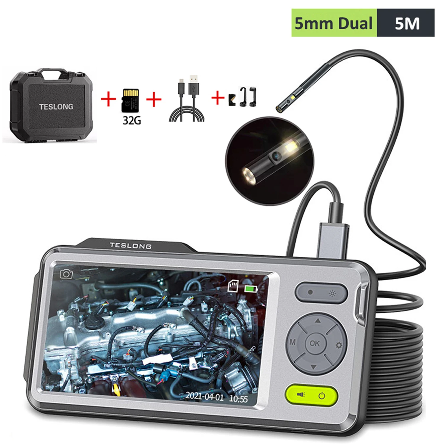 Teslong 5" IPS-Bildschirm 1080P 5 mm Doppelobjektiv 5 m flexibles Kabel Industrie-Endoskopkamera für Zuhause/Automobil/Rohr/Auto/Wand 32 GB