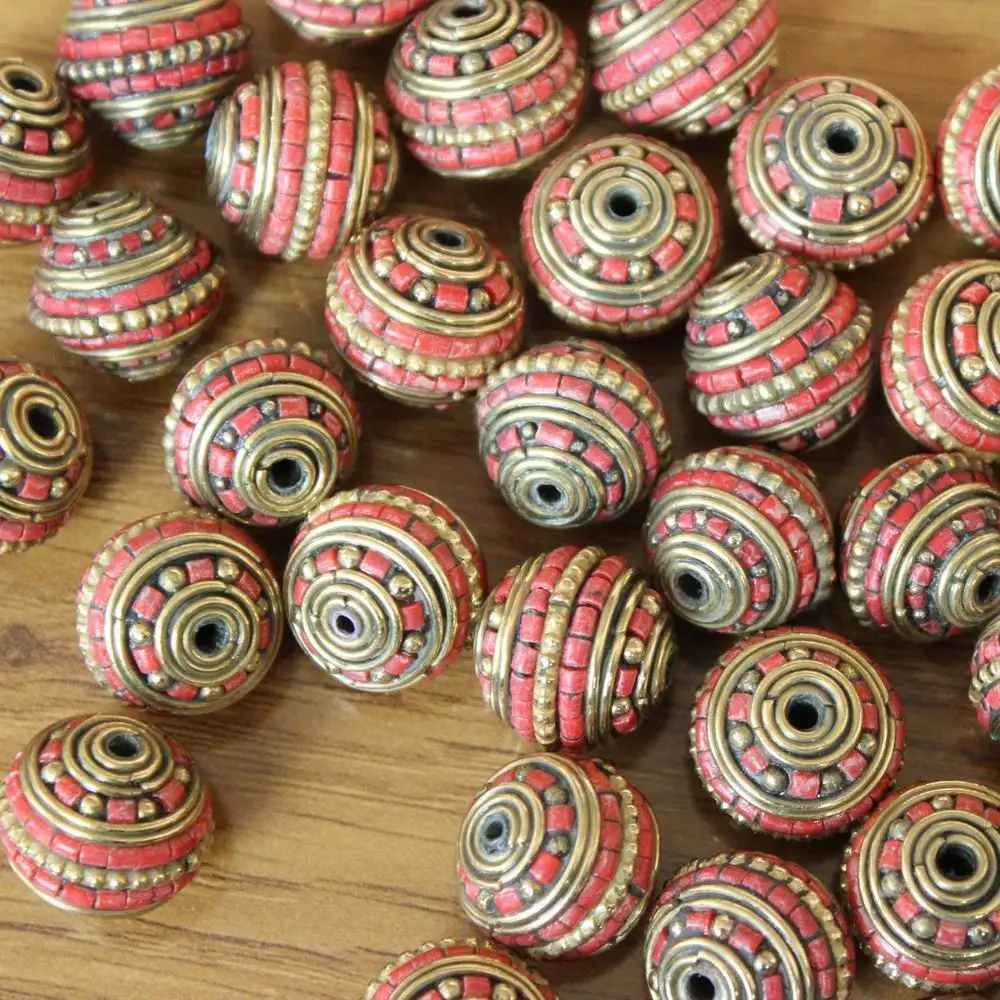 BD259 Handmade Nepal Beads Brass Inlaid Turquoises Coral 18mm*16mm Round Beads Jewelry Accessories 4 Beads Lot