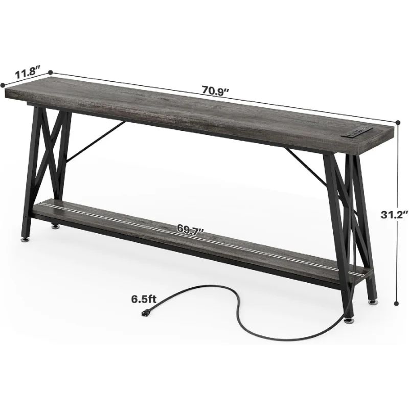 70.9 Inch Extra Long Console Table with Charging Station & Storage Shelf - Industrial Style Sofa Table Behind Couch