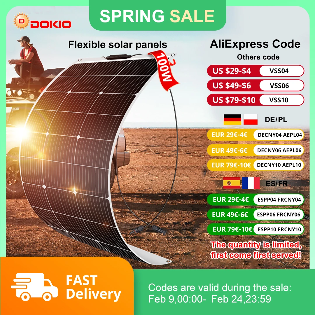 DOKIO 18V 100W/100W Set Flexible Solarmodule Wasserdichtes monokristallines Solarpanel Camping RV Home Charge 12V