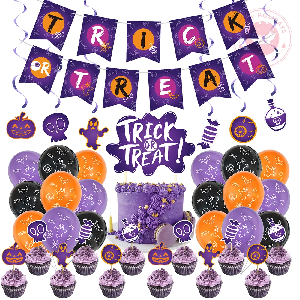 

2023 NEW Halloween Theme Holiday Party Trick Or Treat Set Candy Pumpkin Cake Flag Pulling Balloon Decor Supplies