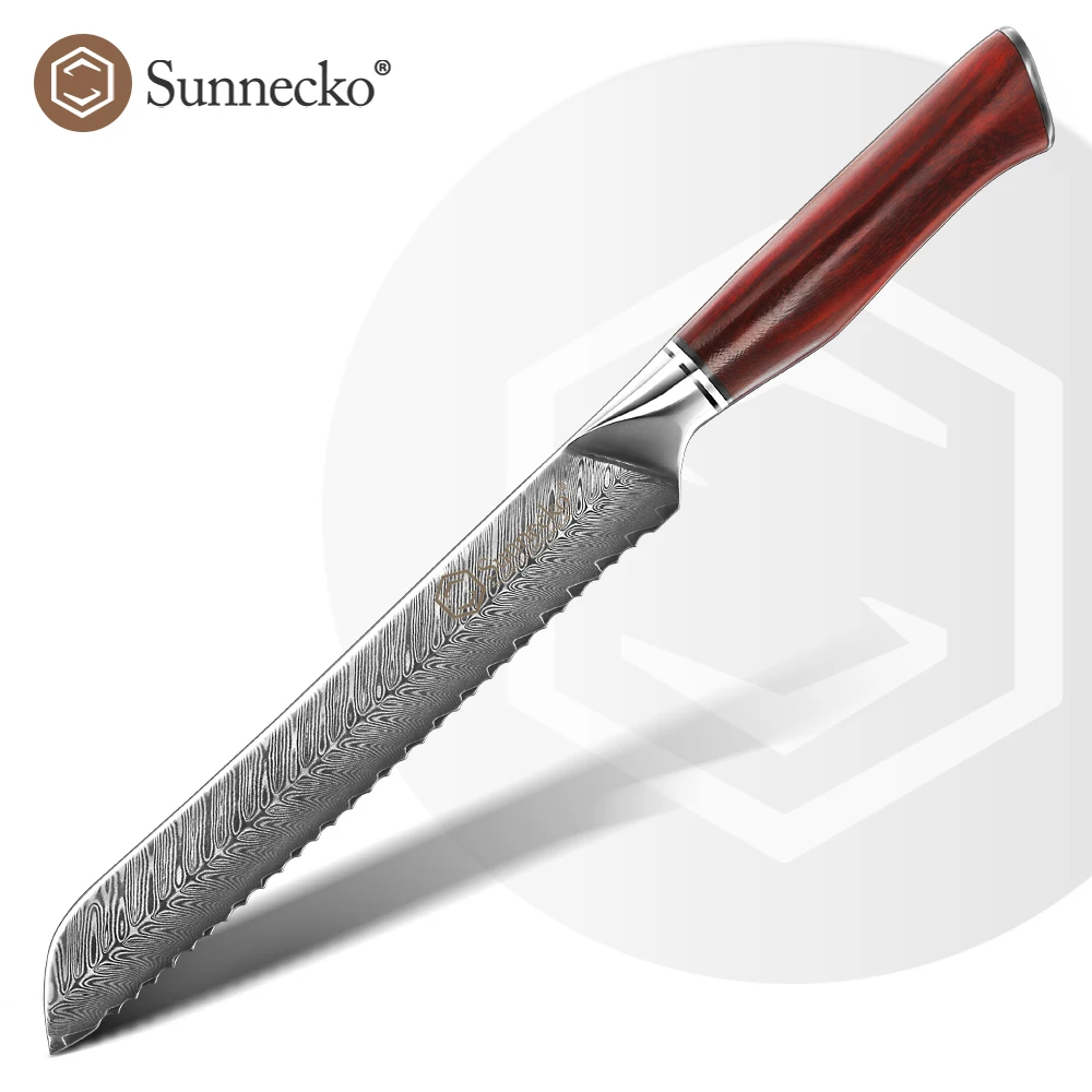 Sunnecko 8 Inch Bread Cake Knife Serrated VG10 Core Damascus Steel Chef's Kitchen Knife Slicing Knife Rose Wod Handle Cutting